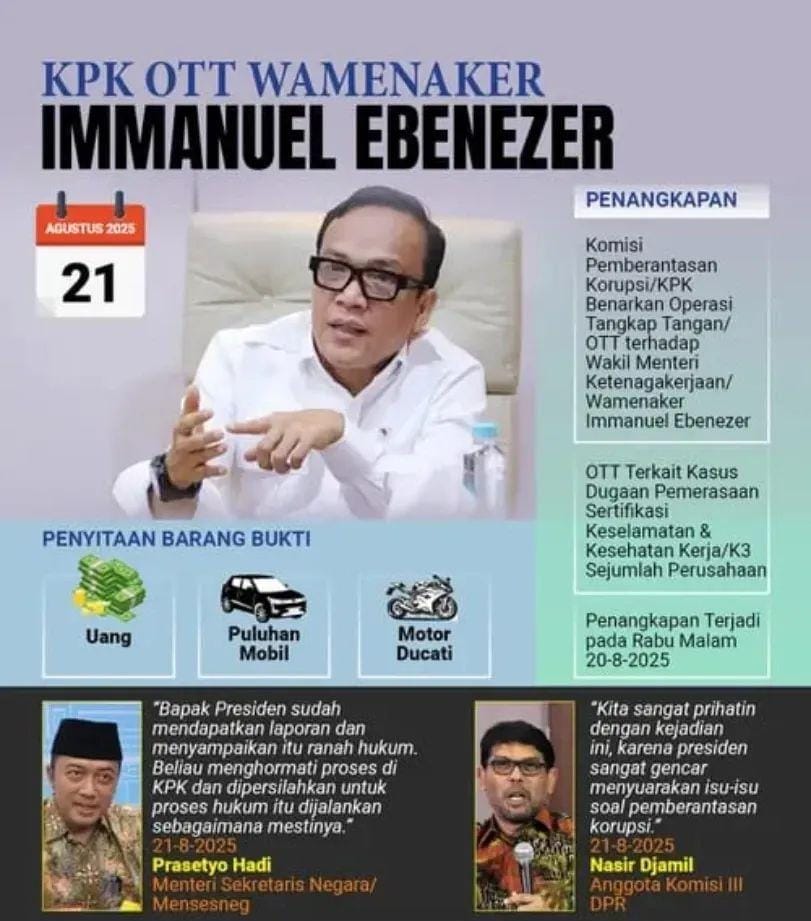 Wamenaker Immanuel Ebenezer Terjaring OTT KPK dalam Kasus Pemerasan Sertifikasi K3 ; Ini Kata Prabowo
